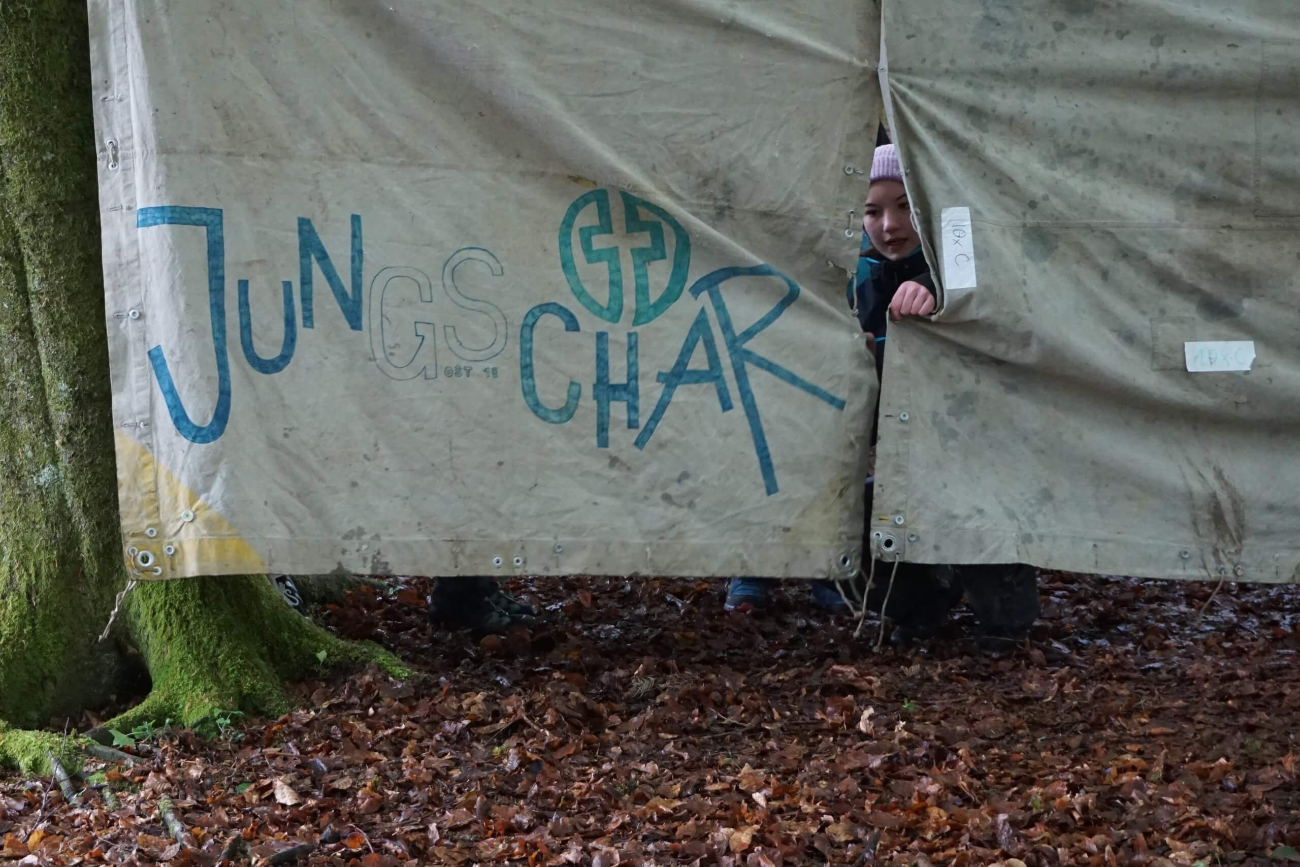 Person with a purple knit hat peeks through a small opening in a weathered canvas tent in a forest, fallen leaves on the ground.
