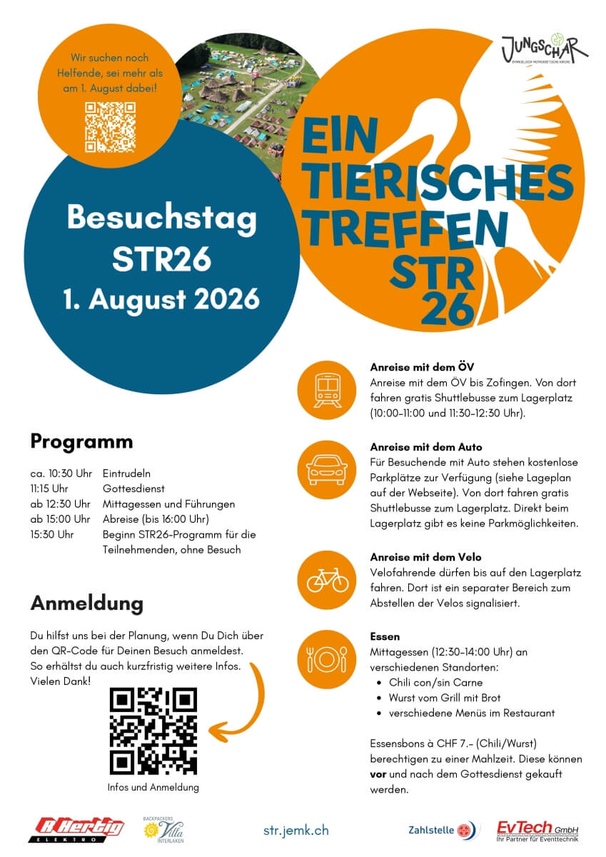 Event poster for Ein tierisches Treffen STR26 on 1. August 2026, with program, QR code for registration, and orange/blue circular graphics.